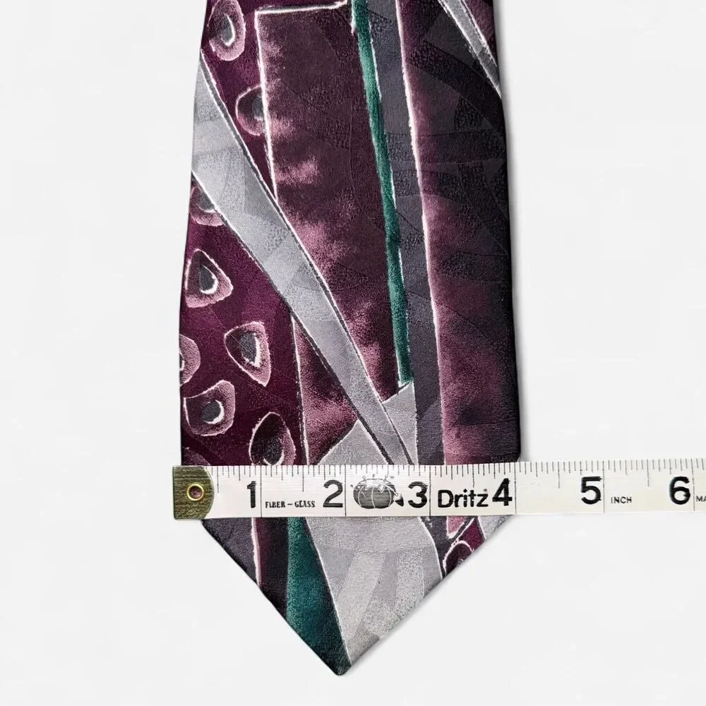 Burgundy Green and Grey Geometric 1980s J. T. Beckett Neck Tie